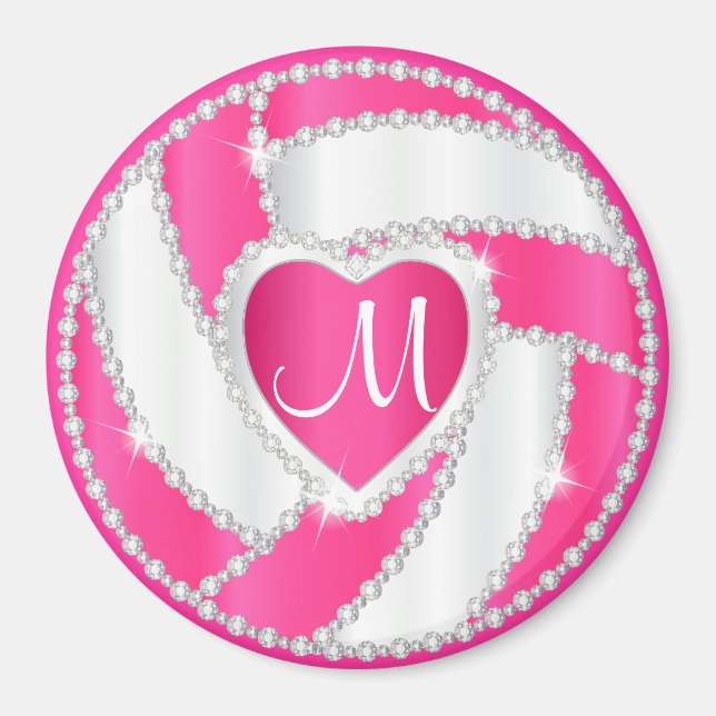 Monogram, White and Hot Pink Diamond Volleyball Magnet (Vorne)