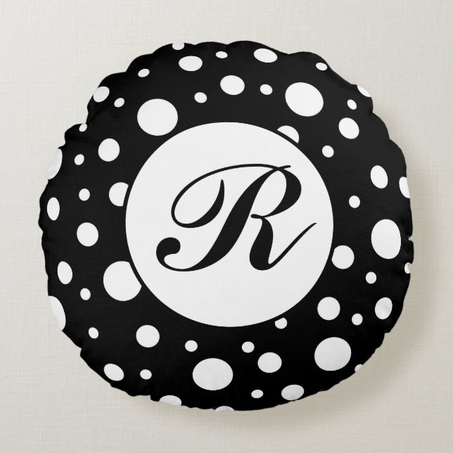 Monogram White auf Black Polka Dot Pattern Rundes Kissen (Vorderseite)