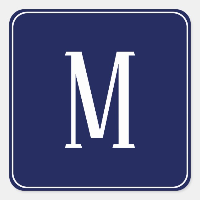 Monogram White auf Navy Blue Square Aufkleber (Vorderseite)