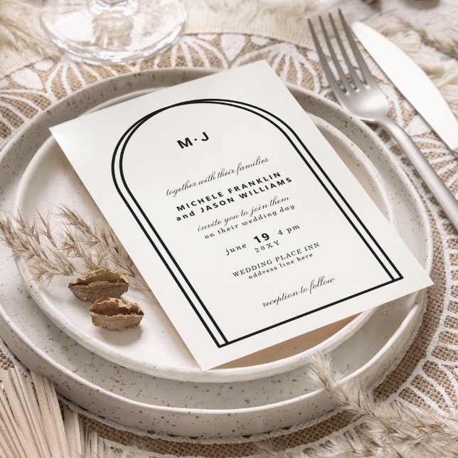 Monogram White Black Minimalistisch Arch Wedding Einladung (Von Creator hochgeladen)