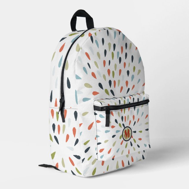 Monogram White Blue Green Orange Drop Pattern Bedruckter Rucksack (Rückseitige Ecke links)