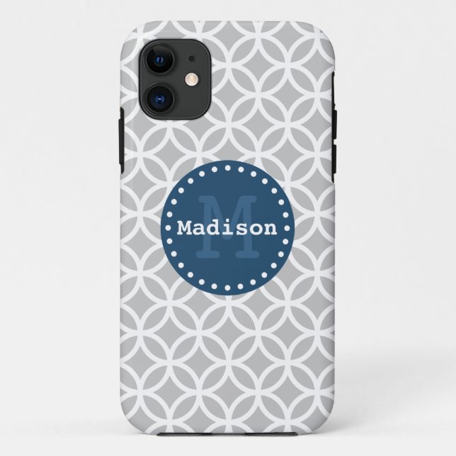 Monogram, White Blue Modern Circles Case-Mate iPhone Hülle (Rückseite)