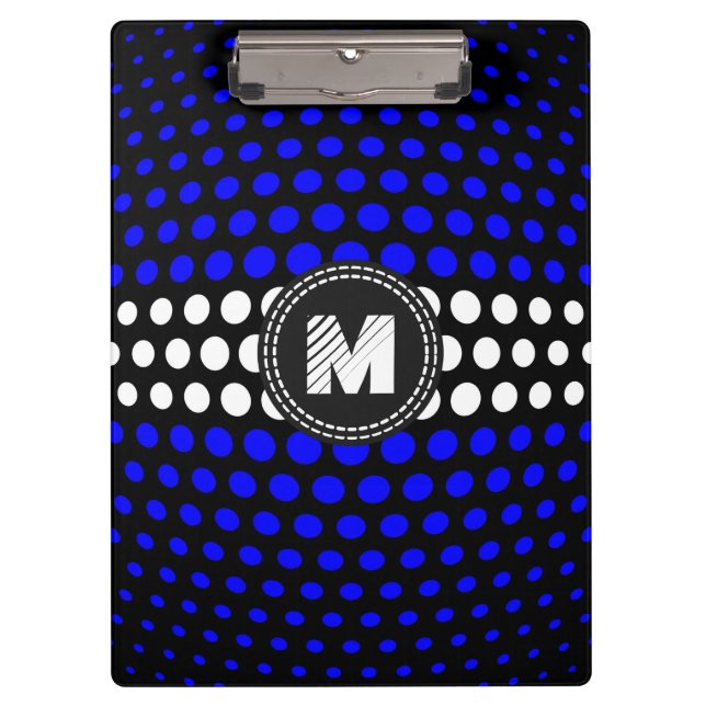 Monogram White & Blue Polka Dots Muster Klemmbrett (Vorderseite)