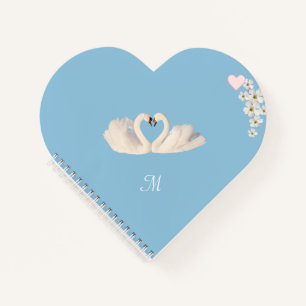 Monogram White Flowers and Swans on Light Blue Notizbuch
