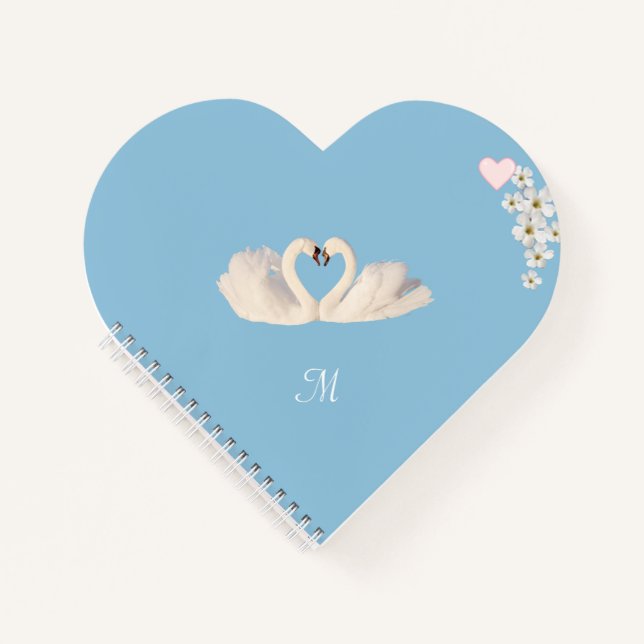 Monogram White Flowers and Swans on Light Blue Notizbuch (Vorderseite)