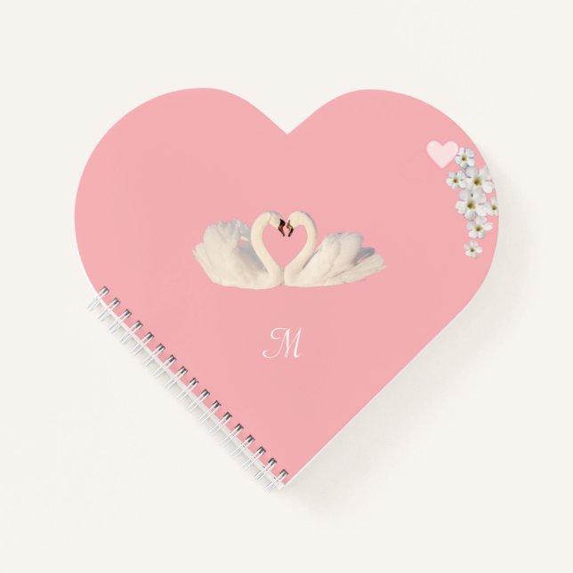 Monogram White Flowers and Swans on Light Pink Notizbuch (Vorderseite)