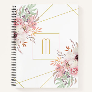Monogram White Gold   Pink Floral Notizbuch