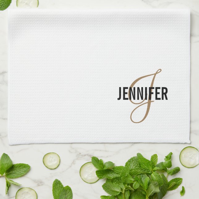 Monogram White Gold Script Elegantes Küchentuch (Gefaltet)