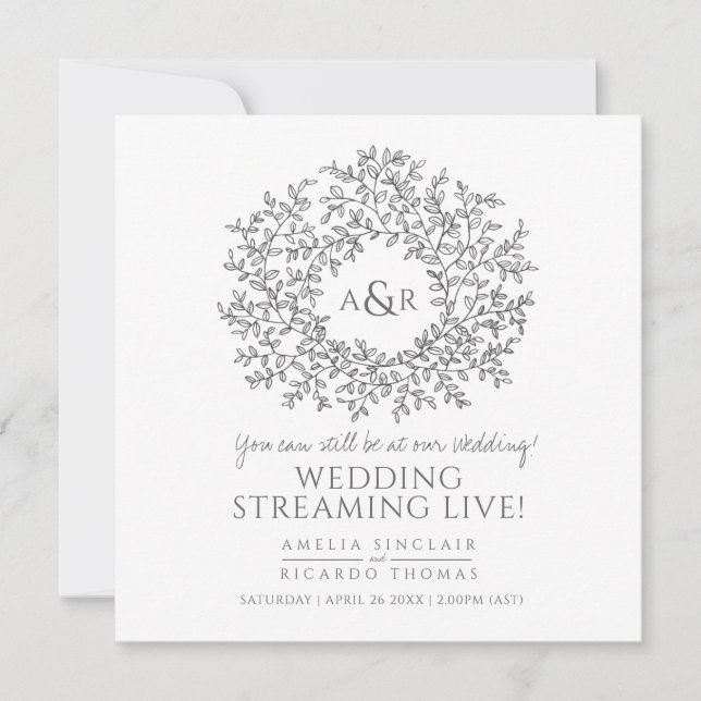 Monogram, white gray Blätter Hochzeitlive Stream Ankündigung (Vorderseite)