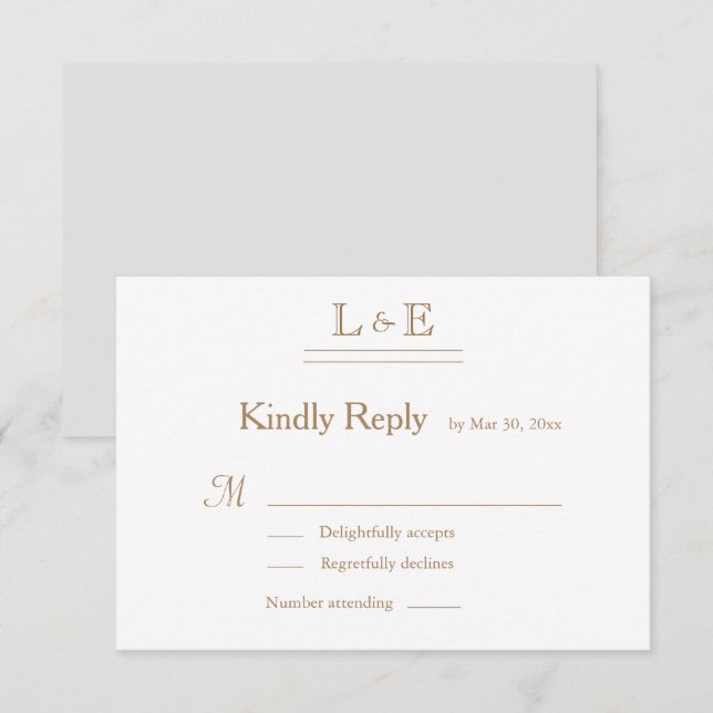 Monogram White Gray Gold Ampersand Wedding RSVP Einladung (Vorne/Hinten)
