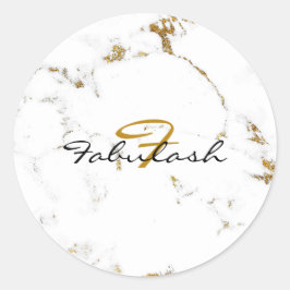 Monogram White Marble Gold Glitzer Name Round Runder Aufkleber
