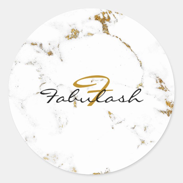 Monogram White Marble Gold Glitzer Name Round Runder Aufkleber (Vorderseite)