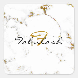 Monogram White Marble Gold Glitzer Name Square Quadratischer Aufkleber
