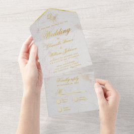 Monogram White Marble Imitats Gold Elegante Hochze All In One Einladung