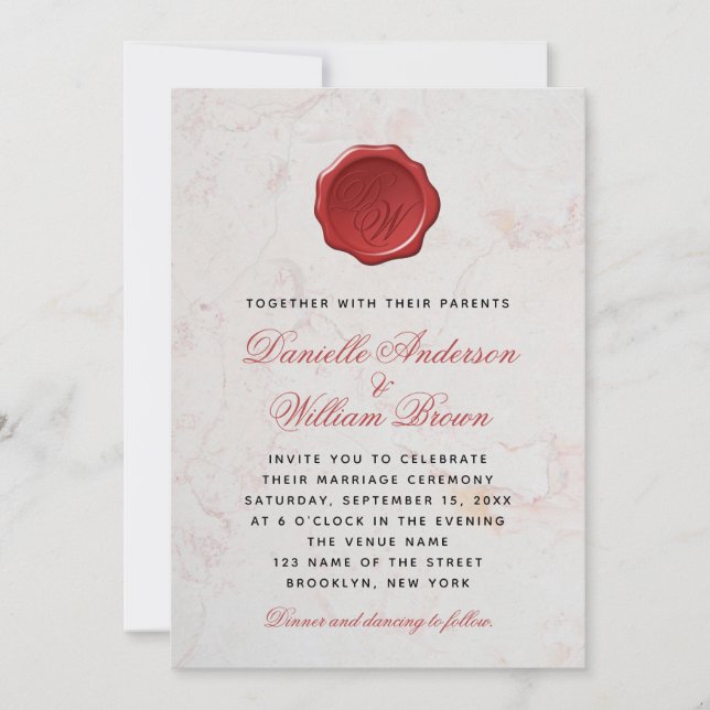 Monogram White Marble Red Script Wax Siegel Weddin Einladung (Vorderseite)
