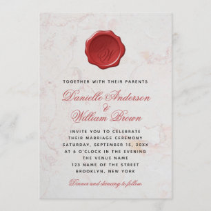 Monogram White Marble Red Script Wax Siegel Weddin Einladung