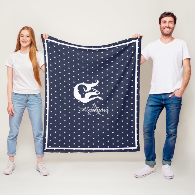 Monogram White Meerjungfrau auf Marineblau Fleecedecke (Beispiel)