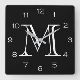Monogram White Numbers On Black wccn Quadratische Wanduhr