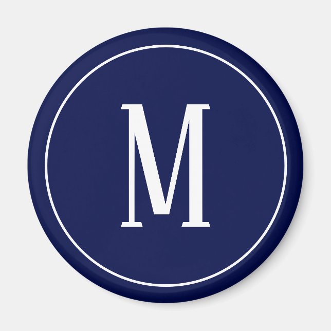 Monogram White on Navy Blue Round Magnet (Vorne)