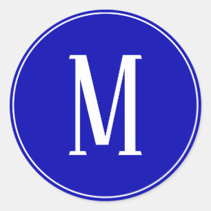 Monogram White on Royal Blue Round Aufkleber