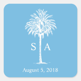 Monogram White Palm Tree Beach Hochzeitsticker Quadratischer Aufkleber