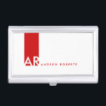 Monogram White Red Clean Business Card Inhaber Visitenkarten Etui<br><div class="desc">Passen Sie dieses moderne, weiße Profil- oder Visitenkartendesign mit einem roten vertikalen Streifen mit Monogramm an. Dieses zeitgenössische Berufliche Minimalistische Template sieht sauber und frisch aus, es ist schick aussehen ist sehr effektiv und auffällig. Wenn Sie dieses Design in irgendeiner anderen Farbe haben möchten, dann zögern Sie nicht mich zu...</div>