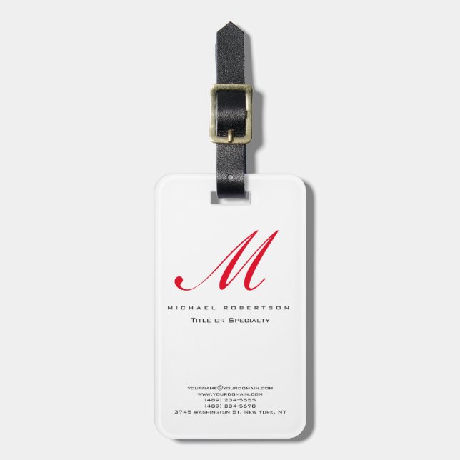 Monogram White Red Unique Chubby Business Card Gepäckanhänger (Vorderseite vertikal)