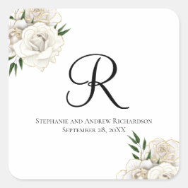 Monogram White Roses Floral Elegante Hochzeit Quadratischer Aufkleber