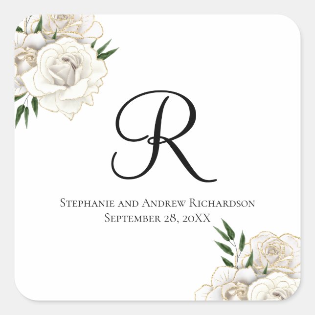 Monogram White Roses Floral Elegante Hochzeit Quadratischer Aufkleber (Vorderseite)