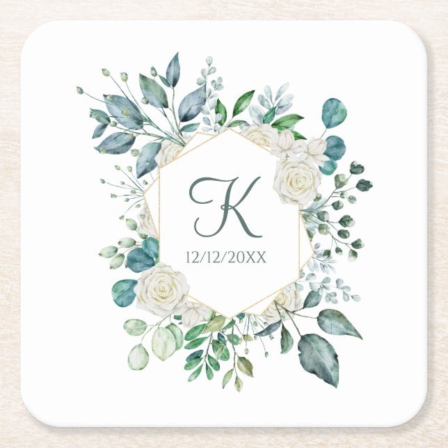 Monogram White Roses Greenery Eucalyptus Wedding Rechteckiger Pappuntersetzer (Vorderseite)