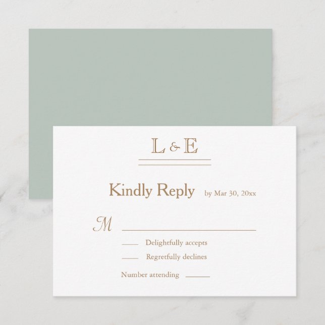 Monogram White Sage Gold Ampersand Wedding RSVP Einladung (Vorne/Hinten)