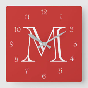 Monogram White Script Numbers On Red wccn Quadratische Wanduhr