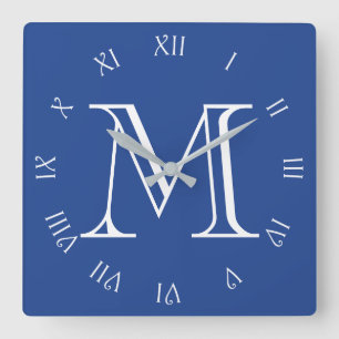 Monogram White Script Roman Numbers On Blue wccn Quadratische Wanduhr
