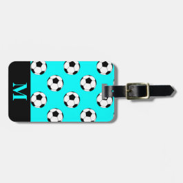 Monogram White Soccer Football Balls, Aqua Blue Gepäckanhänger