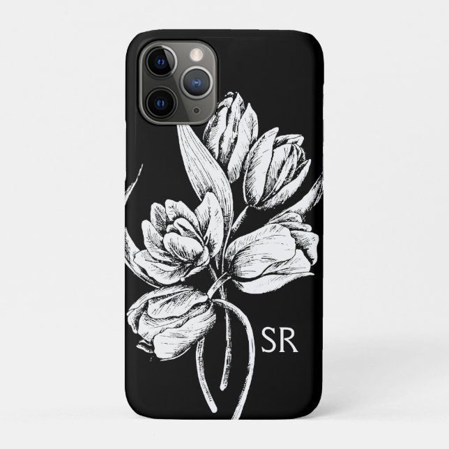 Monogram White Tulips auf schwarz Case-Mate iPhone Hülle (Rückseite)