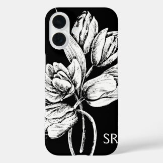 Monogram White Tulips auf schwarz iPhone 16 Hülle