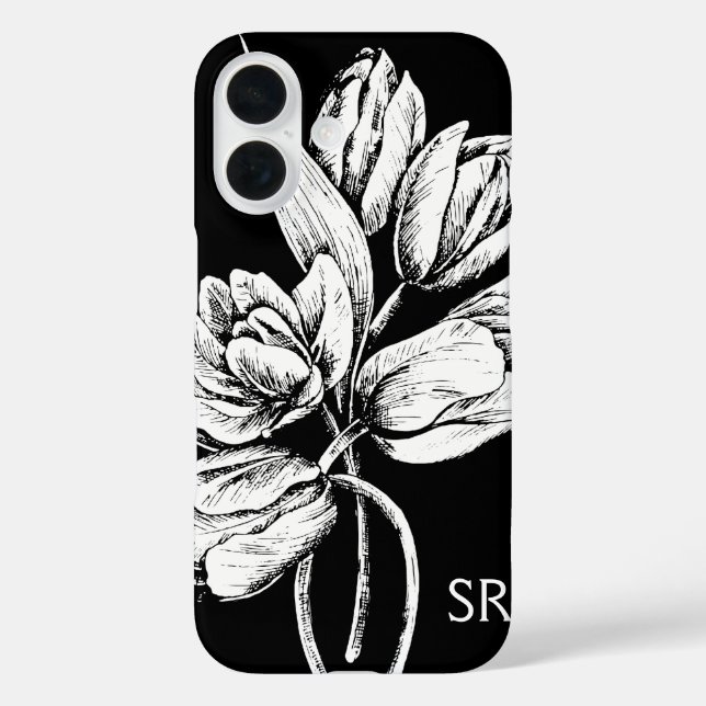 Monogram White Tulips auf schwarz Case-Mate iPhone Hülle (Rückseite)