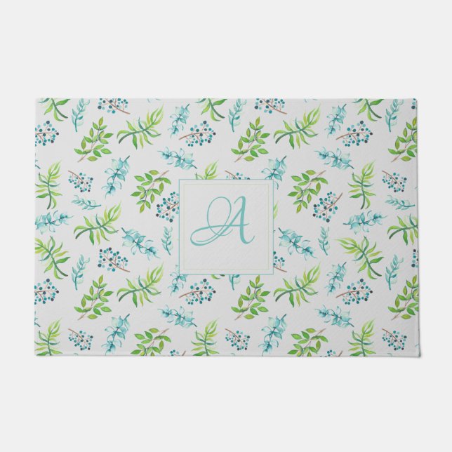 Monogram Wildblumen Blau-Grüne Hochzeitdekor Fußmatte (Vorderseite)