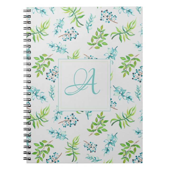 Monogram Wildblumen Blau-Grüne Hochzeitdekor Notizblock (Vorderseite)