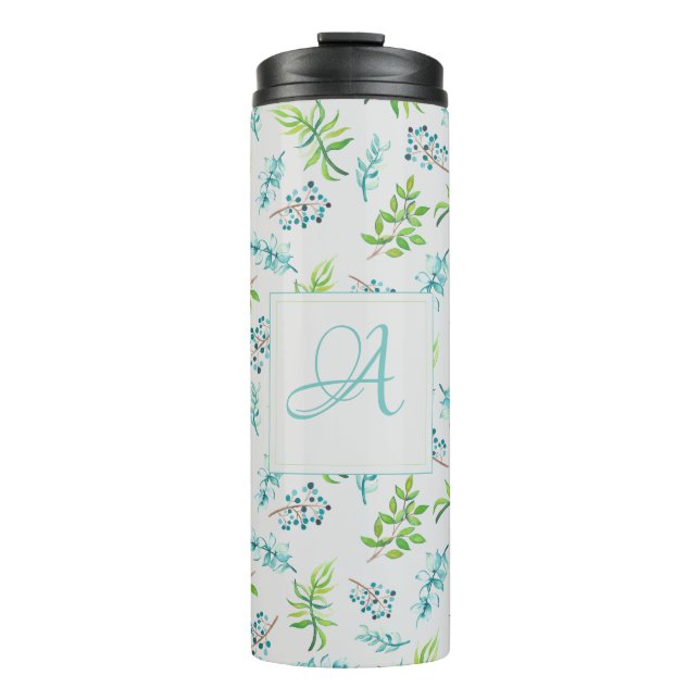 Monogram Wildblumen Blau-Grüne Hochzeitdekor Thermosbecher (Vorderseite)