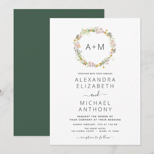 Monogram Wildblumen Emerald Green Wedding Einladung (Vorne/Hinten)