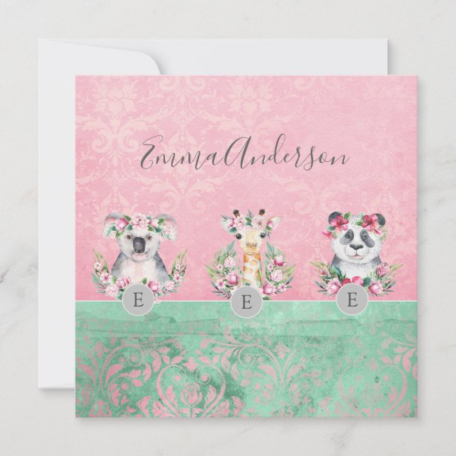 Monogram Wildlife Girls Boho Jungle Animes Hübsch Einladung (Vorderseite)