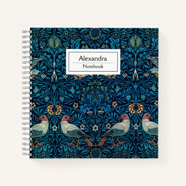 Monogram William Morris art pattern l Birds Navy Notizbuch (Vorderseite)