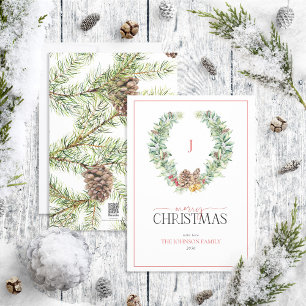 Monogram Winter Cone Berry Wreath Frohe Weihnachte Feiertagskarte