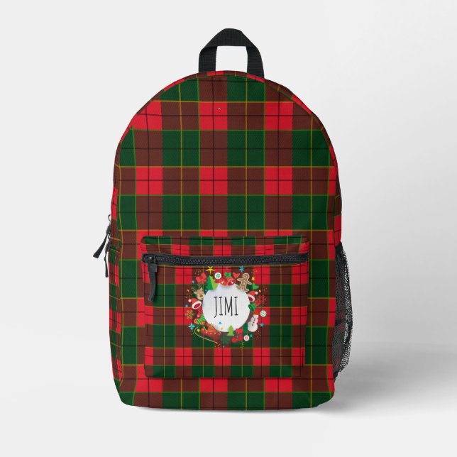 Monogram Winter Holiday Christmas Tartan Muster Bedruckter Rucksack (Vorderseite)