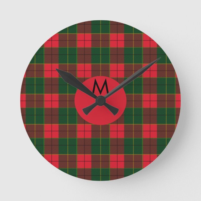 Monogram Winter Holiday Tartan pattern Scottish Runde Wanduhr (Vorderseite)
