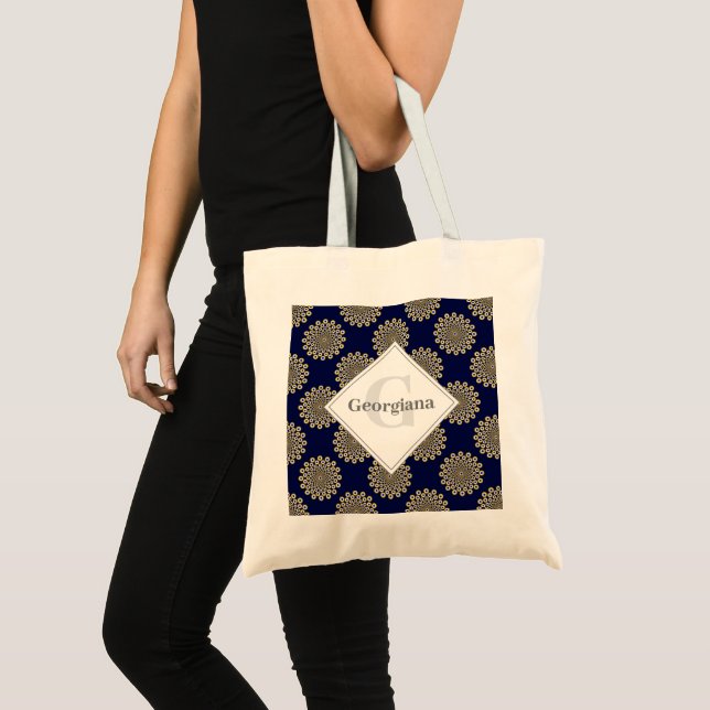 Monogram, wir beobachten Sie Navy & Gold Polka Dot Tragetasche (Vorderseite (Produkt))