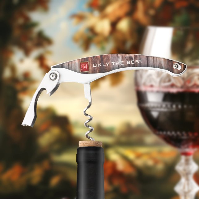 Monogram Wood Corkschraube Flaschenöffner Kellnermesser (A wine corkscrew bottle opener featuring a rustic wood design burgundy gold monogram text )