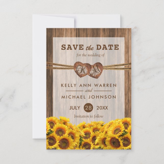 Monogram Wood Hearts mit Sonnenblumen Save The Date (Vorderseite)