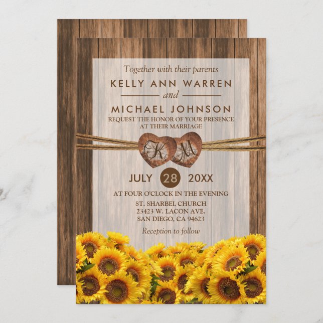 Monogram Wood Hearts with Country Sunflowers Einladung (Vorne/Hinten)